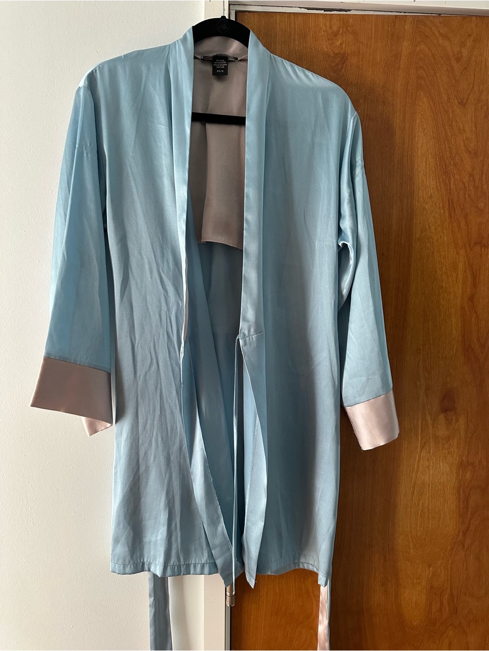 Halston Heritage Light Blue Satin Robe with Contrast gray Cuffs